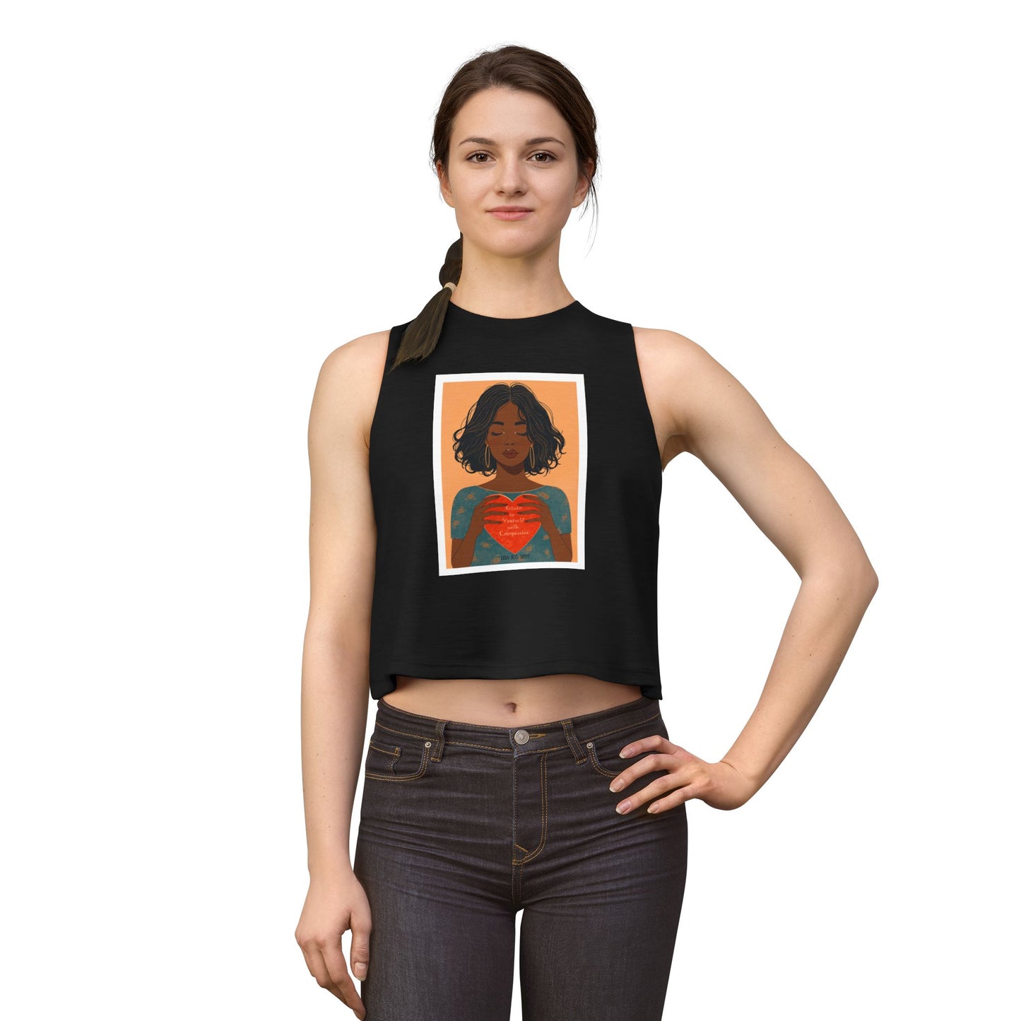 Crop Top — Illustrated Woman Holding Heart Graphic