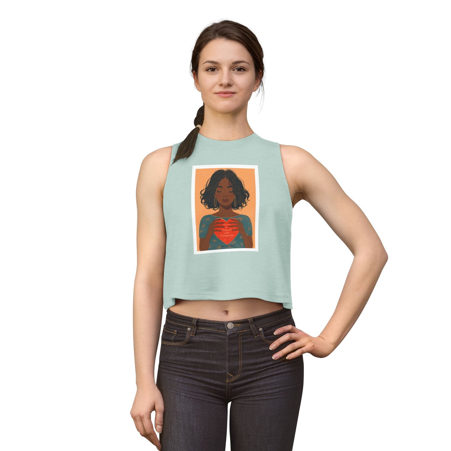Crop Top — Illustrated Woman Holding Heart Graphic