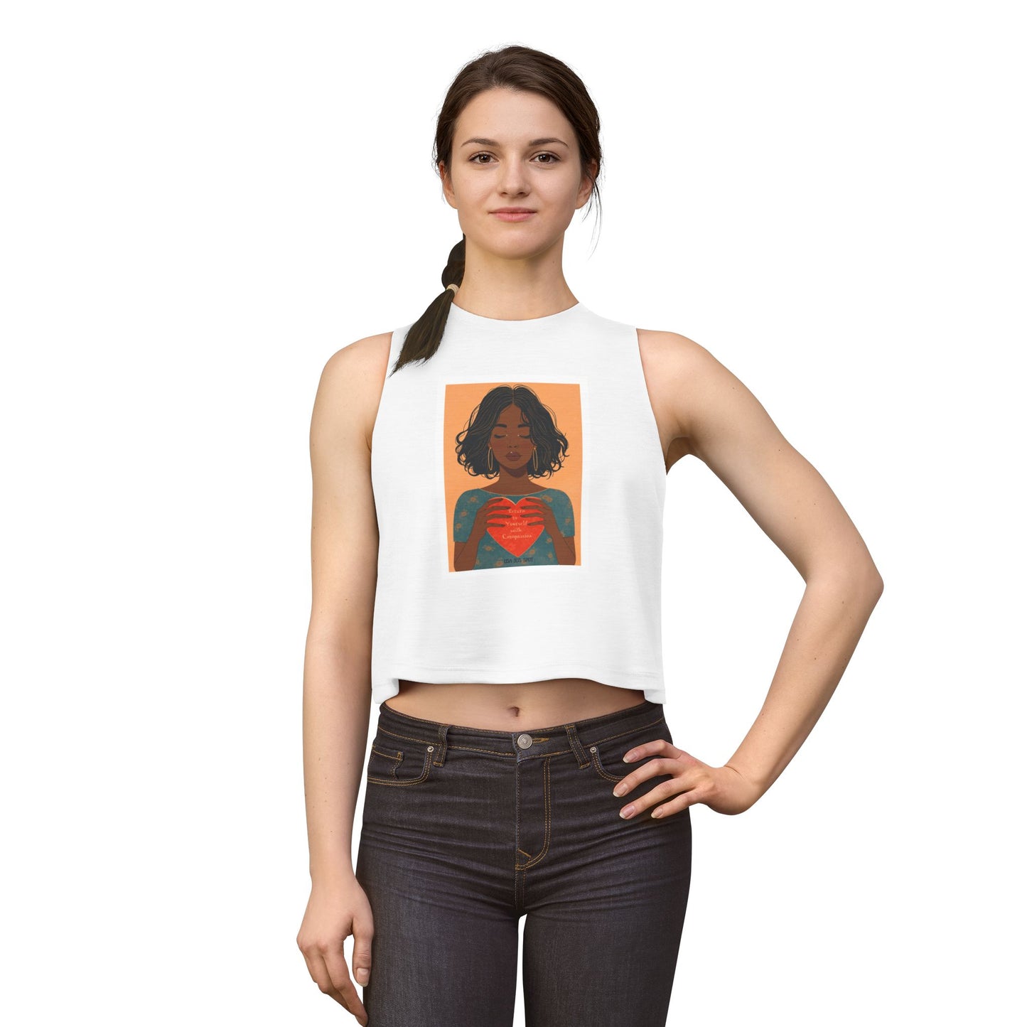 Crop Top — Illustrated Woman Holding Heart Graphic